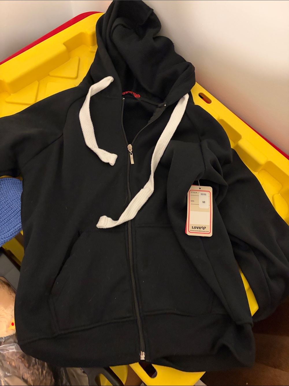 Black Zip-Up Hoodie with White Drawstrings